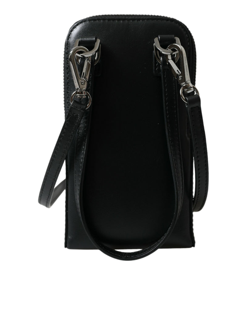 Dolce & Gabbana Black Leather Zip Around Logo Print Lanyard Strap Wallet Dolce & Gabbana