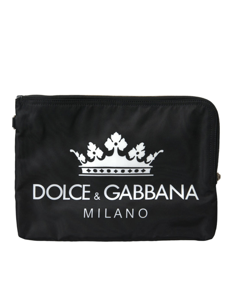 Dolce & Gabbana Elegant Black Nylon Clutch with Crown Print Dolce & Gabbana