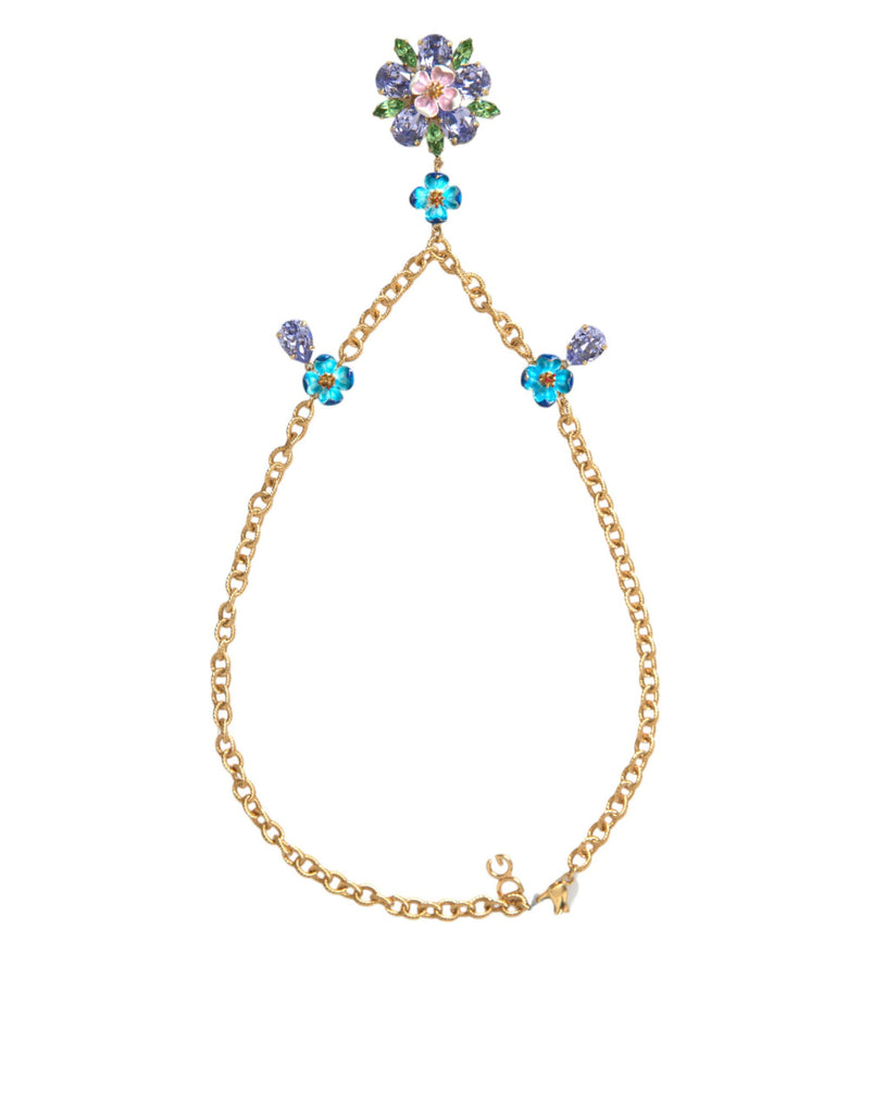 Dolce & Gabbana Gold Brass Chain Crystal Floral Pendant Charm Necklace Dolce & Gabbana