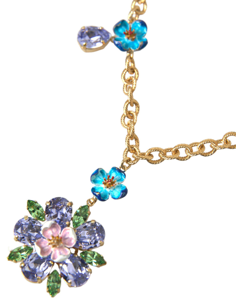 Dolce & Gabbana Gold Brass Chain Crystal Floral Pendant Charm Necklace Dolce & Gabbana