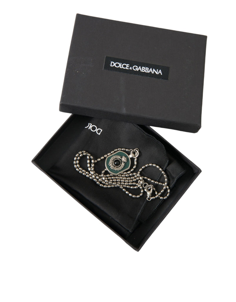Dolce & Gabbana Silver Tone Brass Chain Tag Bead Crown Pendant Necklace Dolce & Gabbana