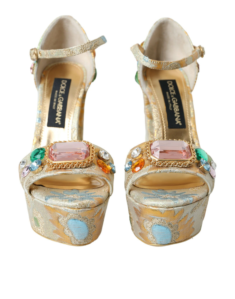 Dolce & Gabbana Gold Floral Jacquard Crystal Sandals Shoes Dolce & Gabbana