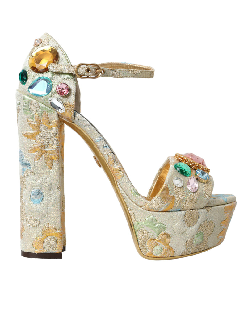 Dolce & Gabbana Gold Floral Jacquard Crystal Sandals Shoes Dolce & Gabbana