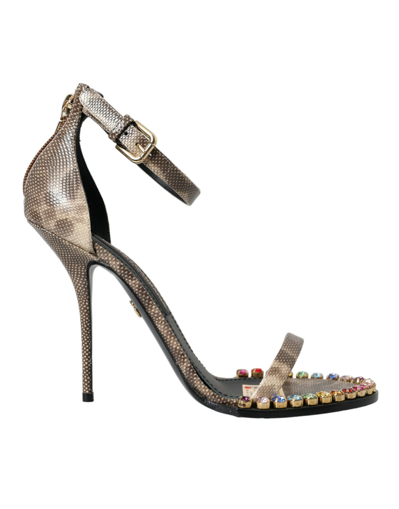 Dolce & Gabbana Brown Exotic Leather Crystal Sandals Shoes Dolce & Gabbana
