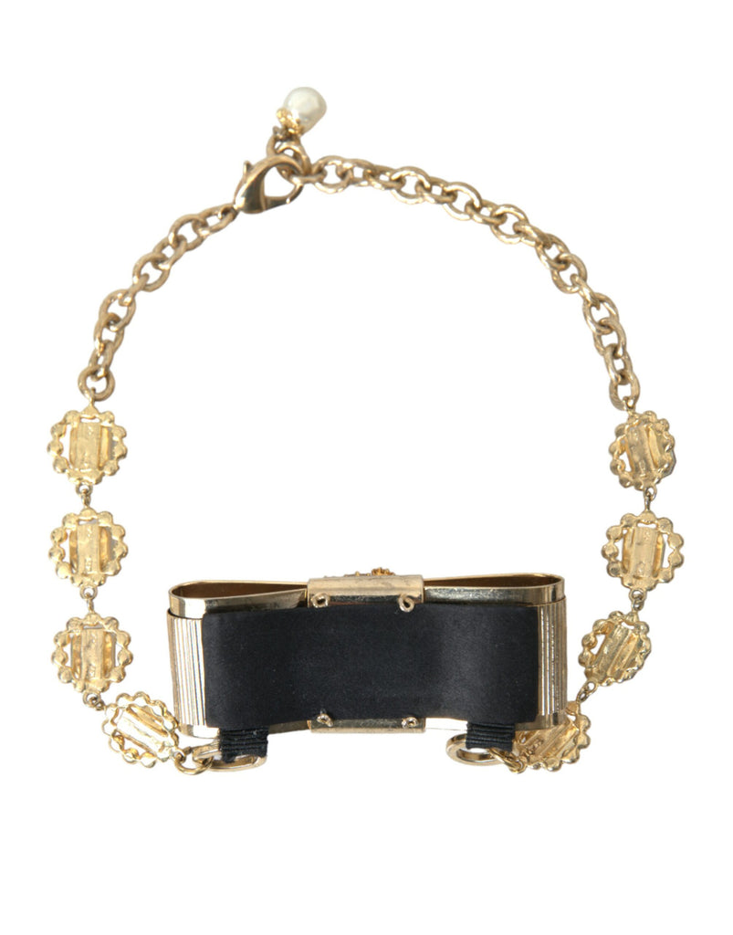 Dolce & Gabbana Gold Brass Clear Crystal Bow Chain Choker Necklace Dolce & Gabbana
