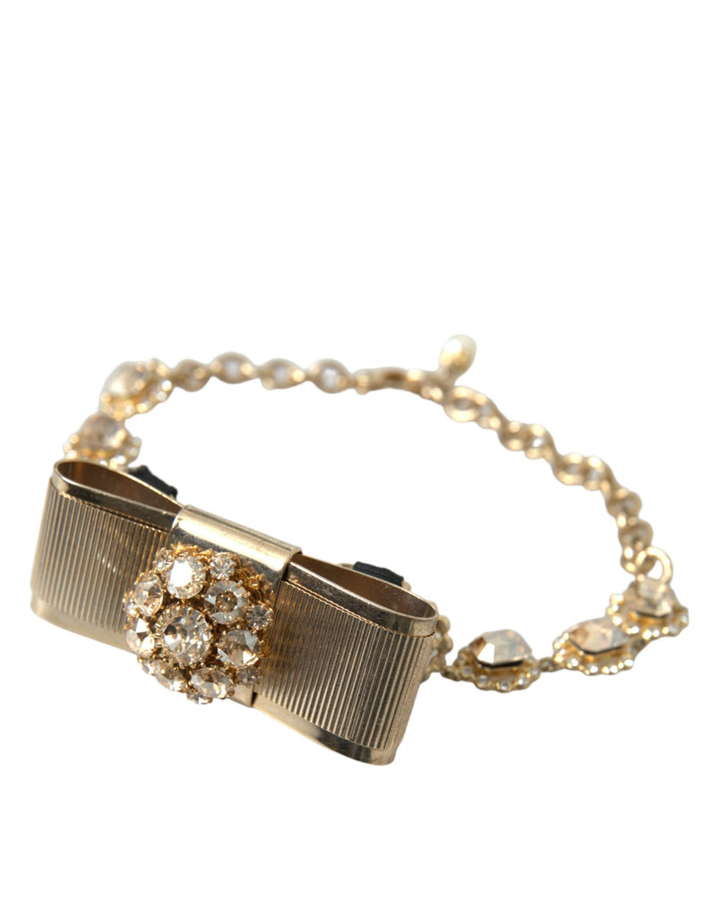 Dolce & Gabbana Gold Brass Clear Crystal Bow Chain Choker Necklace Dolce & Gabbana