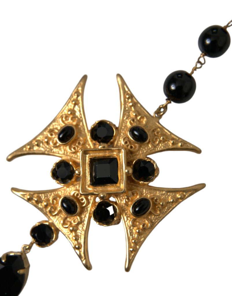 Dolce & Gabbana Gold Tone Brass Cross Black Beaded Chain Rosary Necklace Dolce & Gabbana