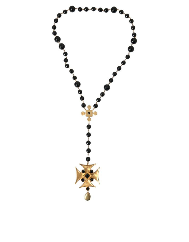 Dolce & Gabbana Gold Tone Brass Cross Black Beaded Chain Rosary Necklace Dolce & Gabbana