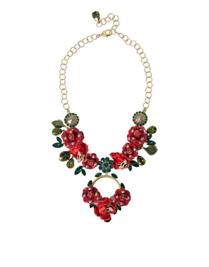 Dolce & Gabbana Gold Brass Link Chain Rose Petal Crystal Pendant Necklace Dolce & Gabbana