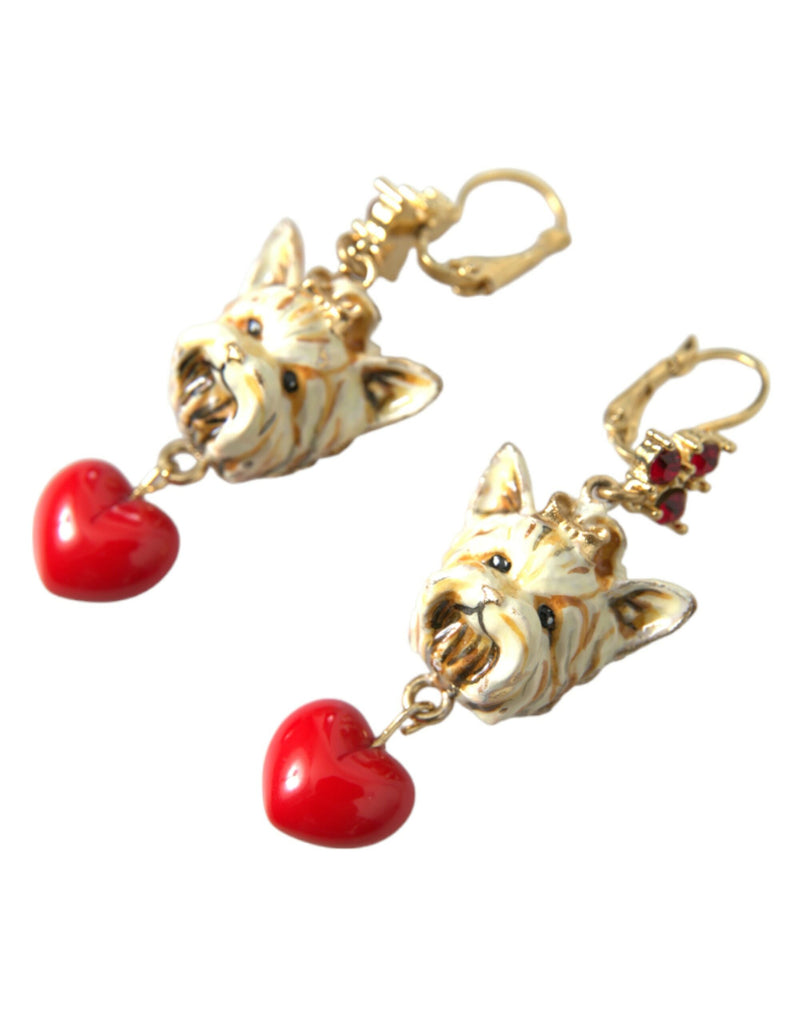 Dolce & Gabbana Gold Brass Heart Dog Red Crystal Dangling Earrings Dolce & Gabbana