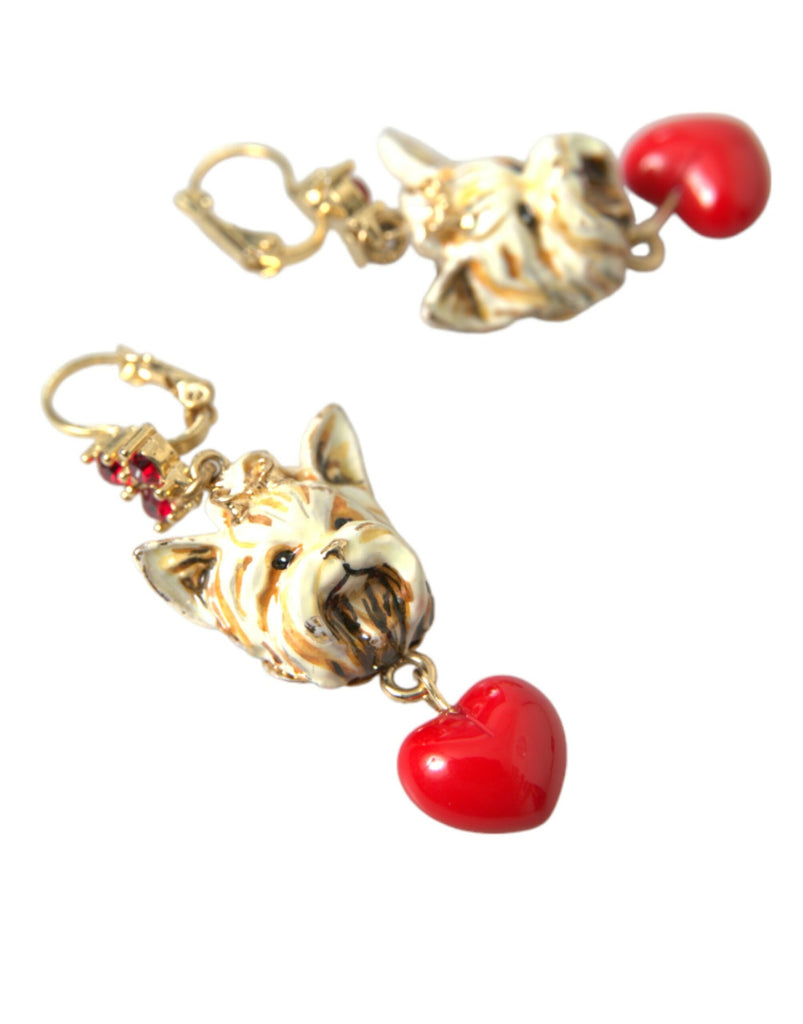 Dolce & Gabbana Gold Brass Heart Dog Red Crystal Dangling Earrings Dolce & Gabbana