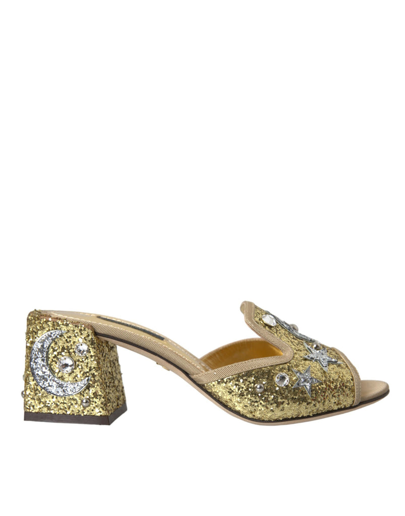 Dolce & Gabbana Gold Sequin Leather Heels Sandals Shoes Dolce & Gabbana
