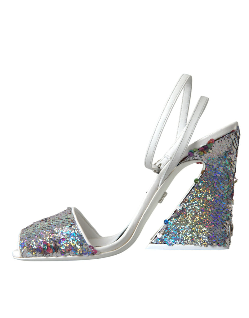Dolce & Gabbana White Silver Sequin Ankle Strap Sandals Shoes Dolce & Gabbana