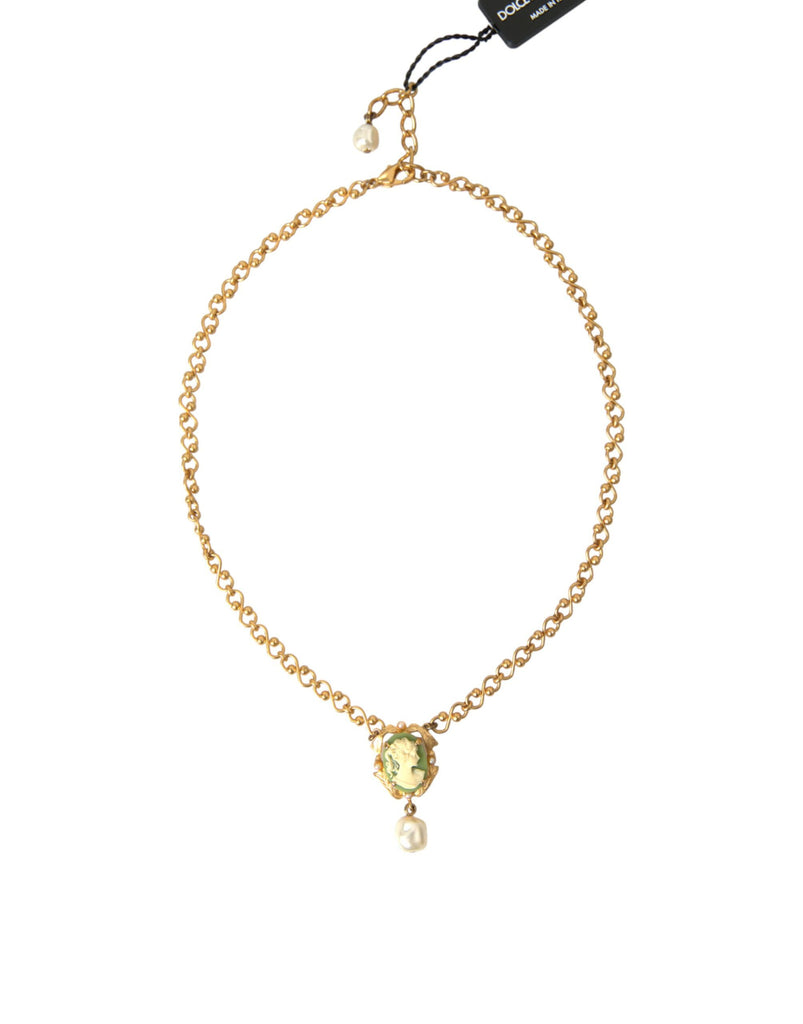 Dolce & Gabbana Gold Brass Chain Pearl Pendant Charm Necklace Dolce & Gabbana