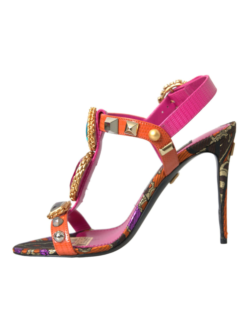 Dolce & Gabbana Pink Jacquard Crystals Sandals Heels Shoes Dolce & Gabbana