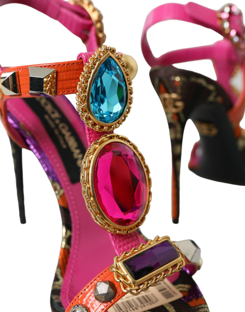 Dolce & Gabbana Pink Jacquard Crystals Sandals Heels Shoes Dolce & Gabbana
