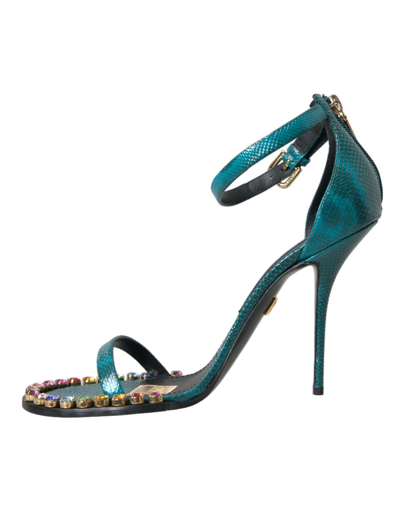 Dolce & Gabbana Blue Exotic Leather Crystal Sandals Shoes Dolce & Gabbana