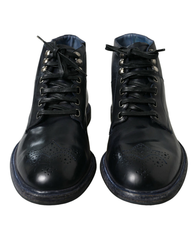 Dolce & Gabbana Navy Blue Leather Ankle Boots Dolce & Gabbana