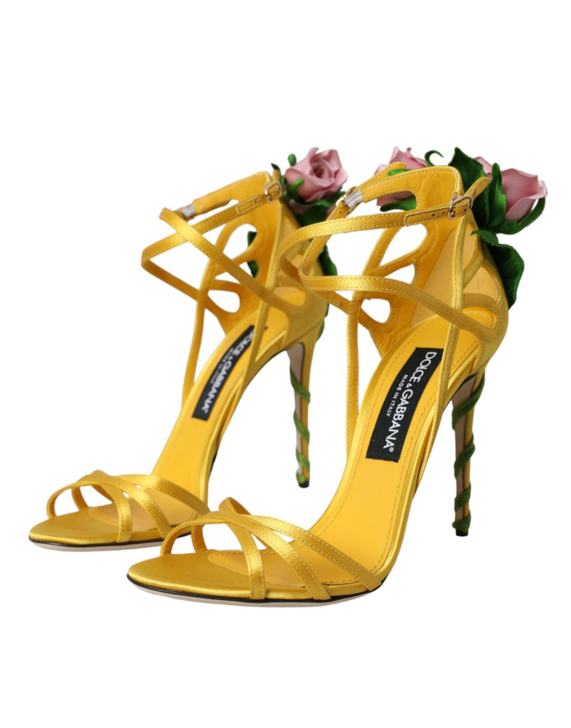 Dolce & Gabbana Yellow Flower Satin Heels Sandals Shoes Dolce & Gabbana