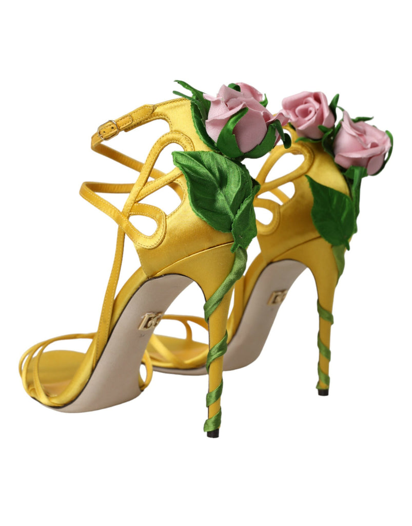 Dolce & Gabbana Yellow Flower Satin Heels Sandals Shoes Dolce & Gabbana