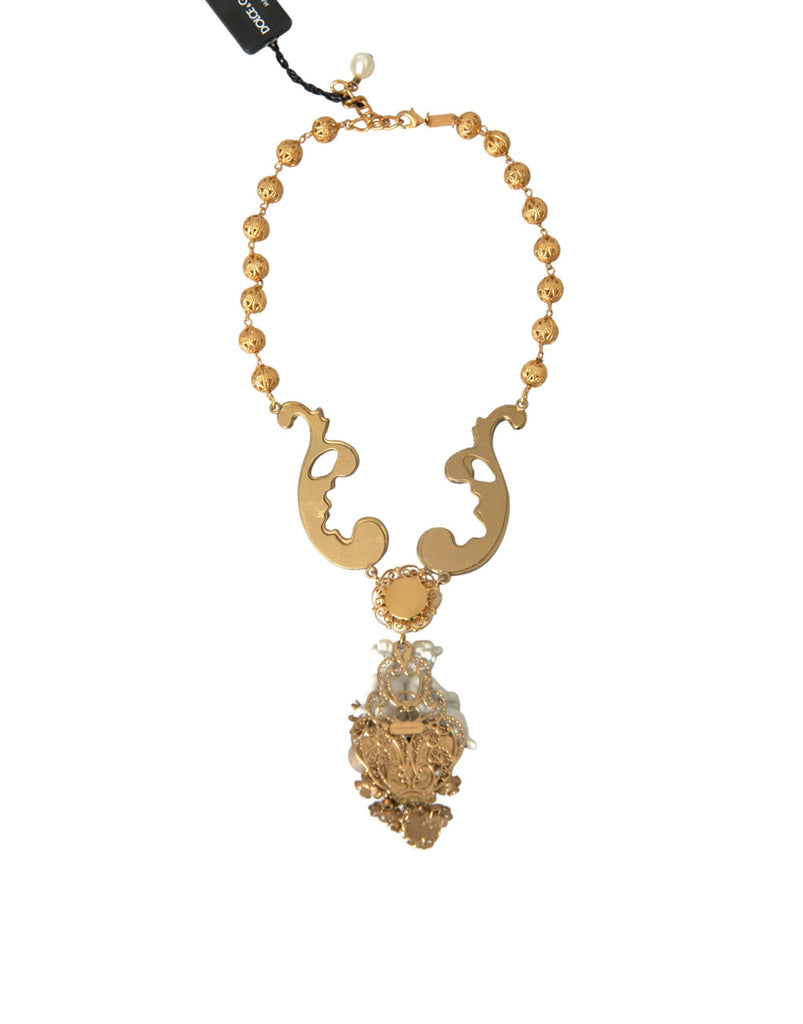 Dolce & Gabbana Gold Brass Angel Floral Beaded Embellished Necklace Dolce & Gabbana