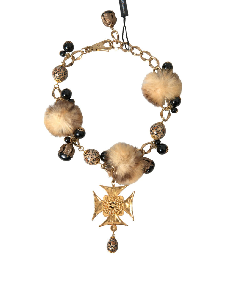 Dolce & Gabbana Gold Black Crystals Lapin Fur Filigree Chocker Necklace Dolce & Gabbana