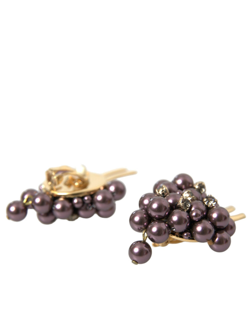 Dolce & Gabbana Purple Grape Pearl Sicily Gold Brass Floral Clip On Earrings Dolce & Gabbana