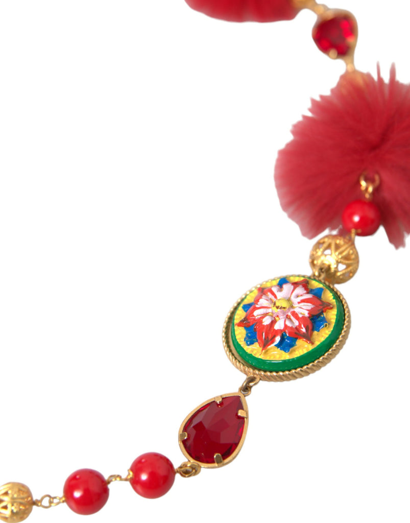 Dolce & Gabbana Gold Brass Red Fur Crystal Carretto Chain Necklace Dolce & Gabbana