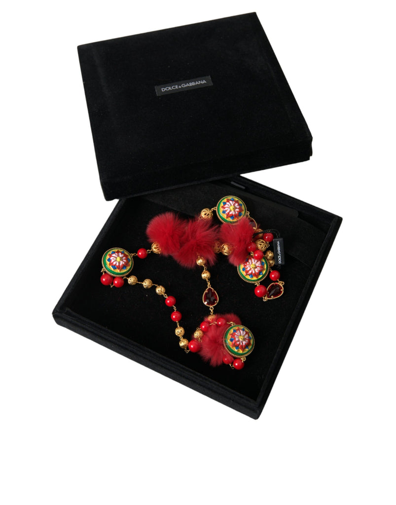 Dolce & Gabbana Gold Brass Red Fur Crystal Carretto Chain Necklace Dolce & Gabbana