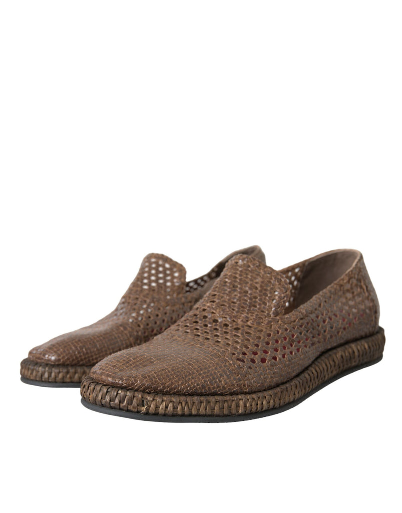 Dolce & Gabbana Brown Woven Leather Loafers Casual Shoes Dolce & Gabbana