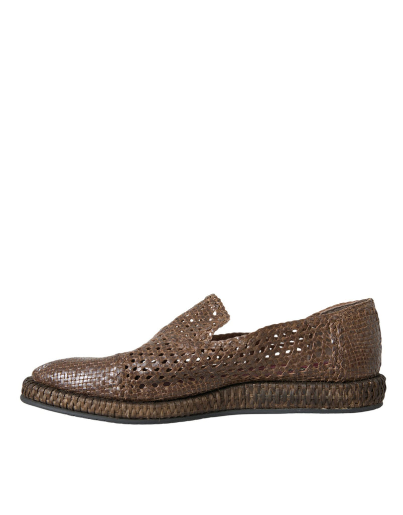 Dolce & Gabbana Brown Woven Leather Loafers Casual Shoes Dolce & Gabbana