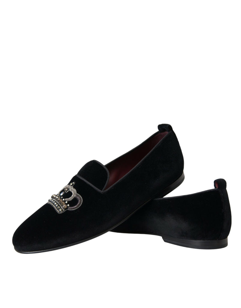Dolce & Gabbana Black Velvet Crystal Crown Men Loafers Shoes Dolce & Gabbana