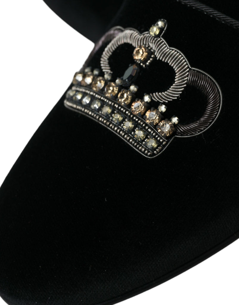 Dolce & Gabbana Black Velvet Crystal Crown Men Loafers Shoes Dolce & Gabbana