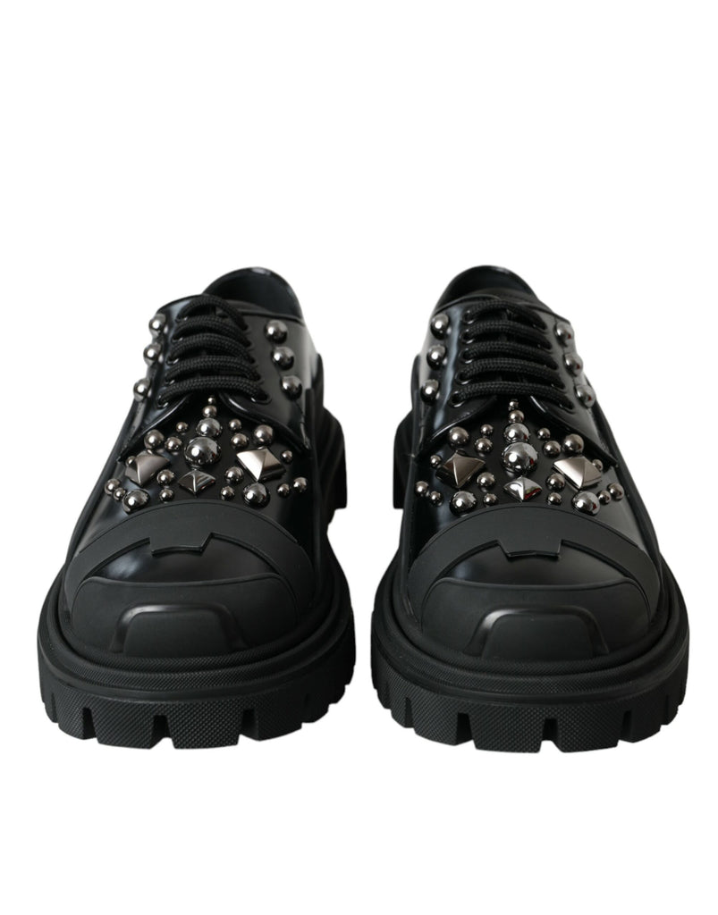 Dolce & Gabbana Black Leather Studded Trekking Sneakers Shoes Dolce & Gabbana
