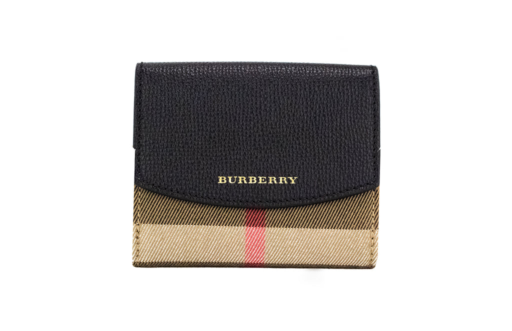 Burberry Luna Black Grained Leather House Check Canvas Coin Pouch Snap Wallet Burberry