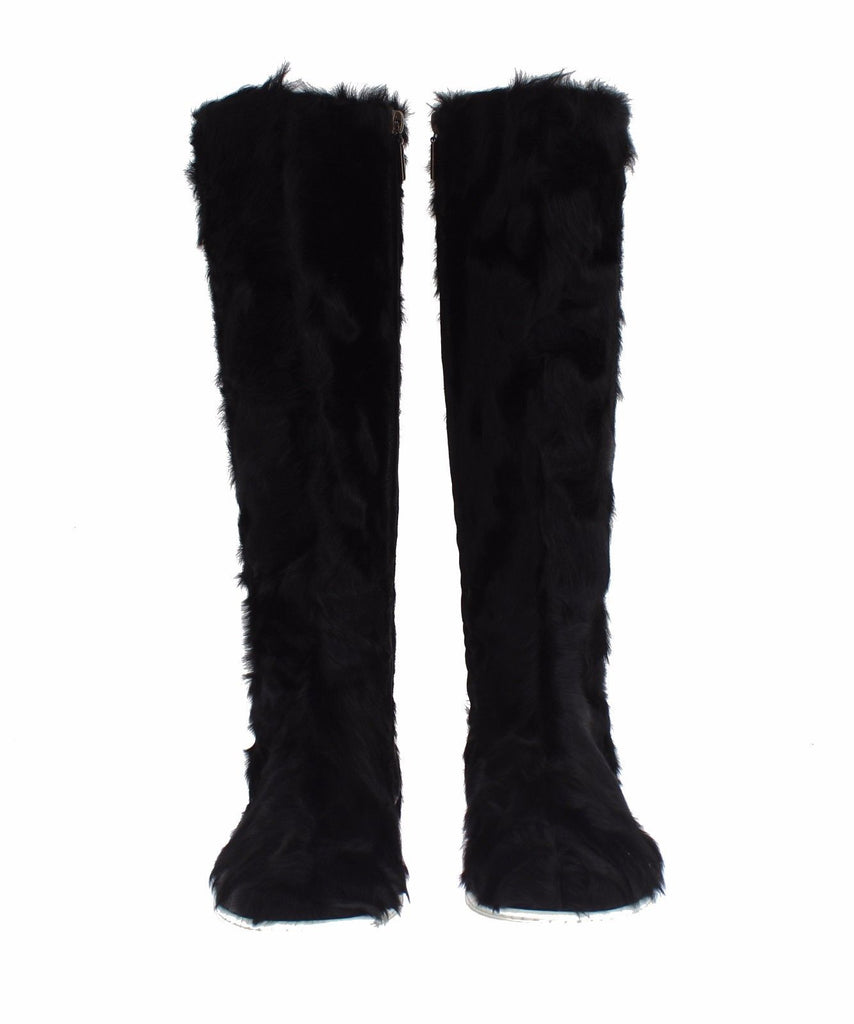 Dolce & Gabbana Elegant Black Fur Leather Flat Sneaker Boots Dolce & Gabbana