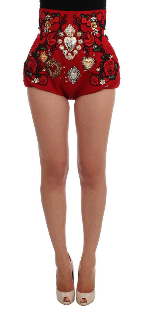 Dolce & Gabbana Red Silk Crystal-Embellished Mini Shorts Dolce & Gabbana