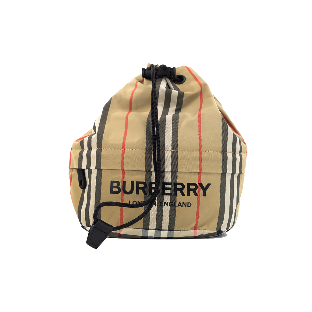 Burberry Phoebe Heritage Stripe Beige Eco Nylon Drawstring Bucket Bag Burberry
