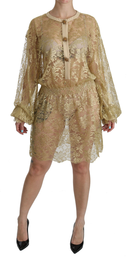 Dolce & Gabbana Elegant Gold Lace A-Line Knee Length Dress Dolce & Gabbana