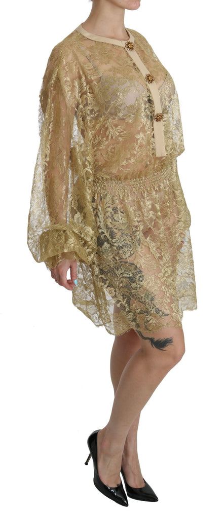 Dolce & Gabbana Elegant Gold Lace A-Line Knee Length Dress Dolce & Gabbana