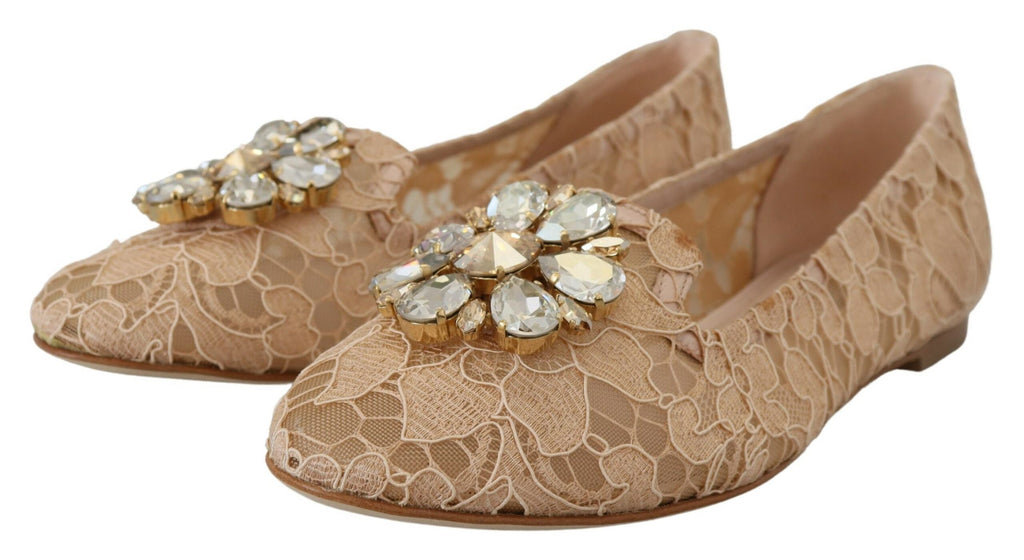 Dolce & Gabbana Elegant Beige Lace Vally Flats with Crystal Accent Dolce & Gabbana