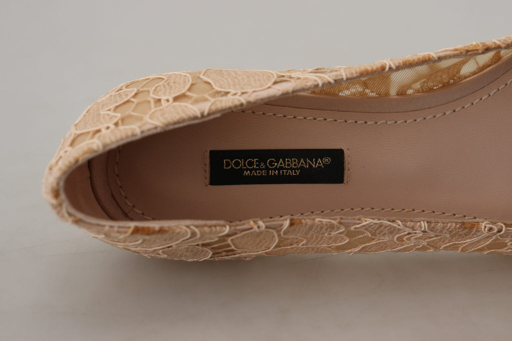 Dolce & Gabbana Elegant Beige Lace Vally Flats with Crystal Accent Dolce & Gabbana