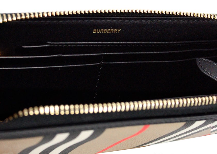 Burberry Ellerby Black Leather Icon Stripe Canvas Zip Around Continental Wallet Burberry
