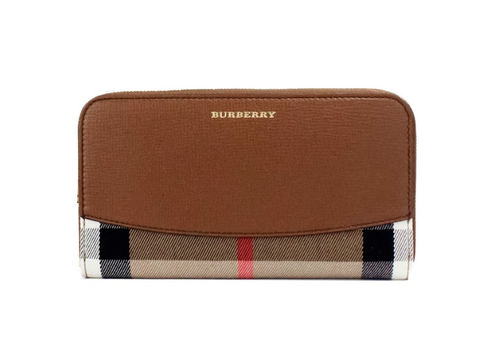 Burberry Elmore Tan Grainy Leather House Check Canvas Continental Clutch Wallet Burberry