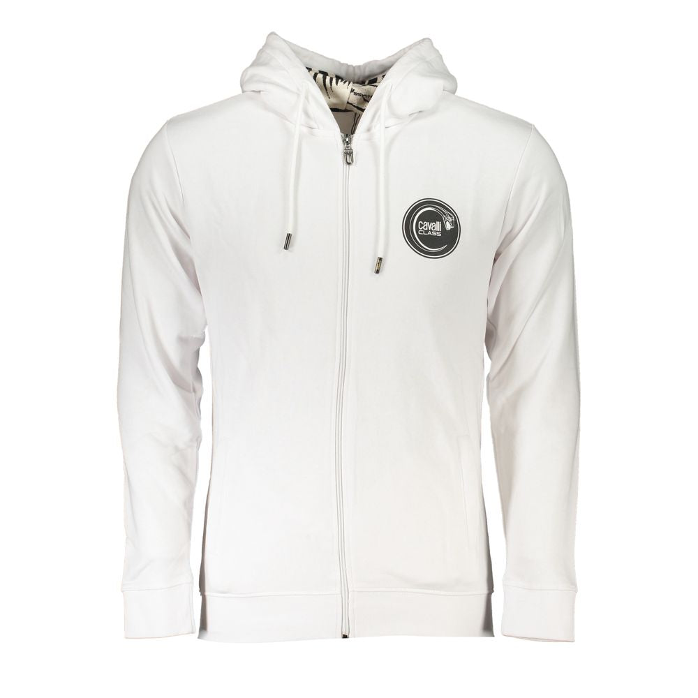 Cavalli Class Elegant White Hooded Sweatshirt with Logo Print Cavalli Class