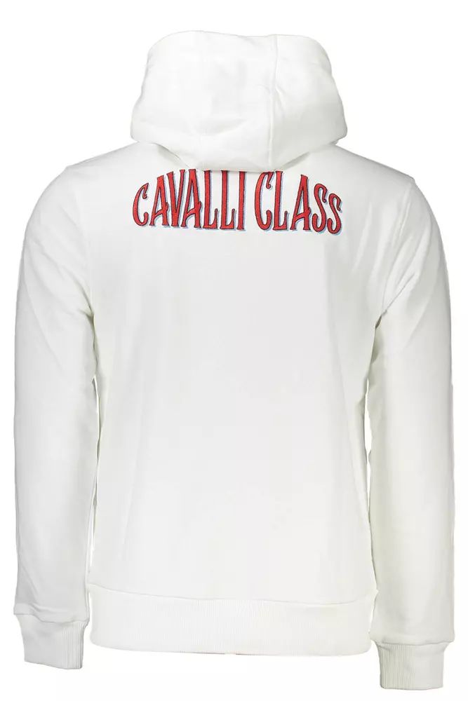 Cavalli Class Elegant White Hooded Sweatshirt with Embroidery Detail Cavalli Class