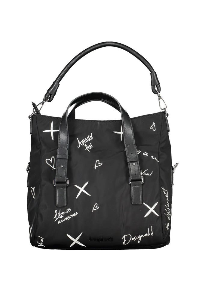 Desigual Elegant Embroidered Black Handbag with Versatile Straps Desigual