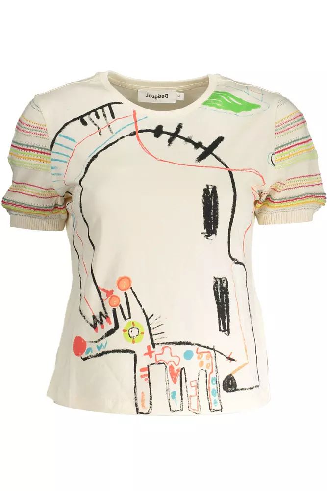 Chic Desigual Printed White Tee with Contrasting Accents Desigual