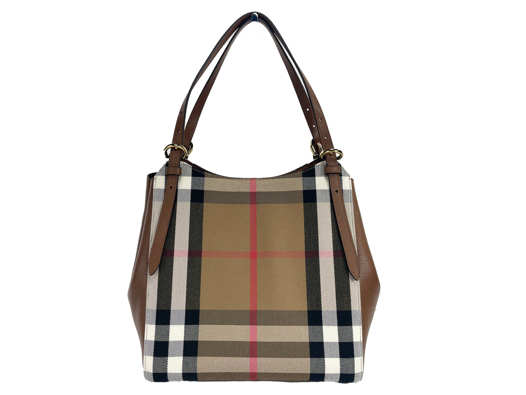 Burberry Small Canterby Tan Leather Check Canvas Tote Bag Purse Burberry