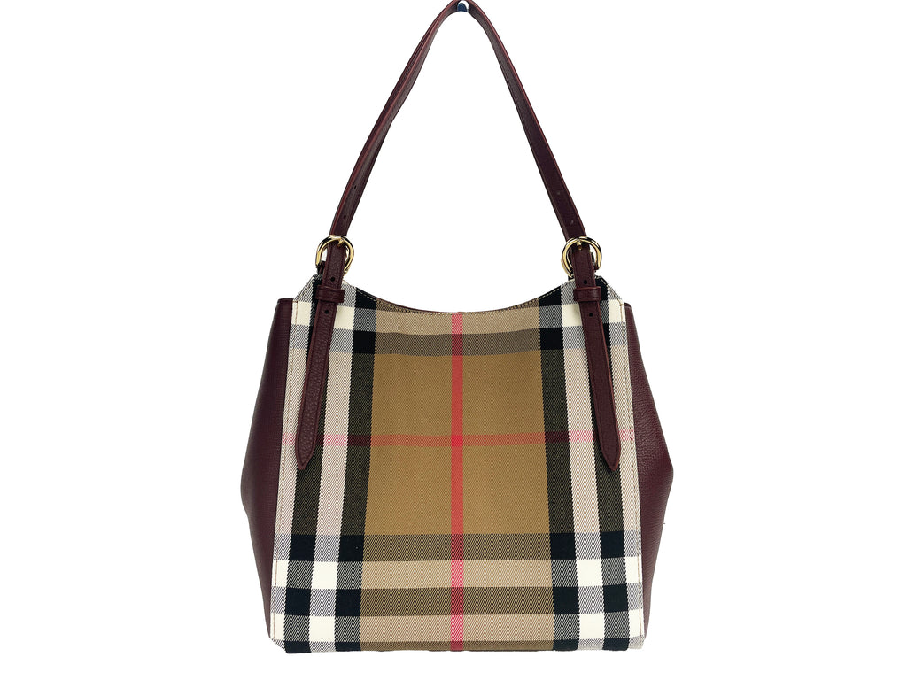Burberry Small Canterby Mahogany Leather Check Canvas Tote Bag Purse Burberry